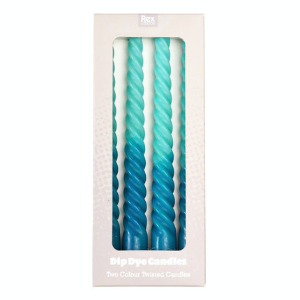 Four twisted candles with a gradient of blue and green in a box packaging.