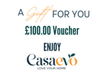 A promotional graphic for a Casaevo gift voucher, featuring the text 'A Gift FOR YOU', '£100.00 Voucher', and 'ENJOY' above the Casaevo logo on a plain white background.