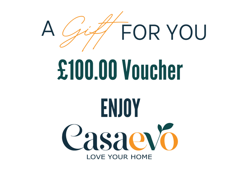 A promotional graphic for a Casaevo gift voucher, featuring the text 'A Gift FOR YOU', '£100.00 Voucher', and 'ENJOY' above the Casaevo logo on a plain white background.
