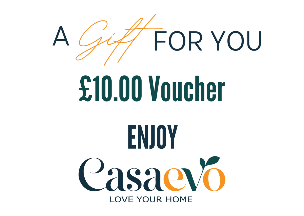 A promotional graphic for a Casaevo gift voucher, featuring the text 'A Gift FOR YOU', '£10.00 Voucher', and 'ENJOY' above the Casaevo logo on a plain white background.