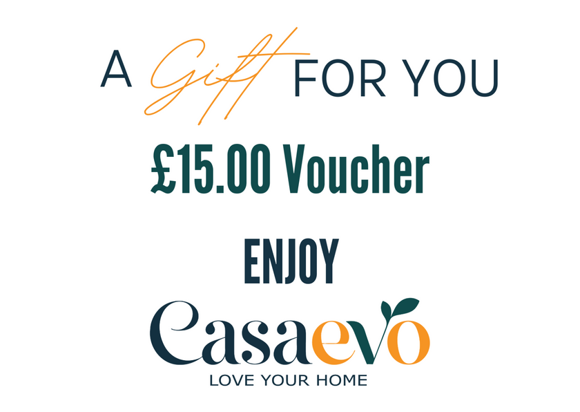 A promotional graphic for a Casaevo gift voucher, featuring the text 'A Gift FOR YOU', '£15.00 Voucher', and 'ENJOY' above the Casaevo brand logo on a plain white background.
