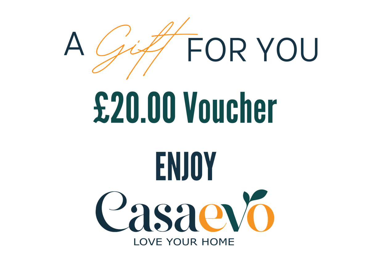 A digital graphic for a Casaevo £20.00 Voucher, featuring the text 'A Gift FOR YOU' and 'ENJOY' in dark teal and orange lettering on a solid white background.