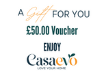 A digital graphic for a Casaevo £50.00 Voucher, featuring the text 'A Gift FOR YOU' and 'ENJOY' in dark teal and orange lettering on a solid white background.