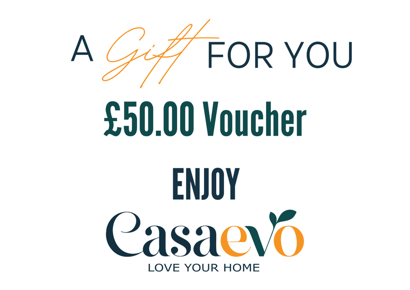 A digital graphic for a Casaevo £50.00 Voucher, featuring the text 'A Gift FOR YOU' and 'ENJOY' in dark teal and orange lettering on a solid white background.