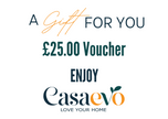 A digital graphic for a Casaevo £25.00 Voucher, featuring the text 'A Gift FOR YOU' and 'ENJOY' in dark teal and orange lettering on a solid white background.