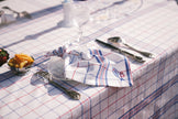 Table setting with cutlery, napkin, and fruit on a checkered tablecloth.