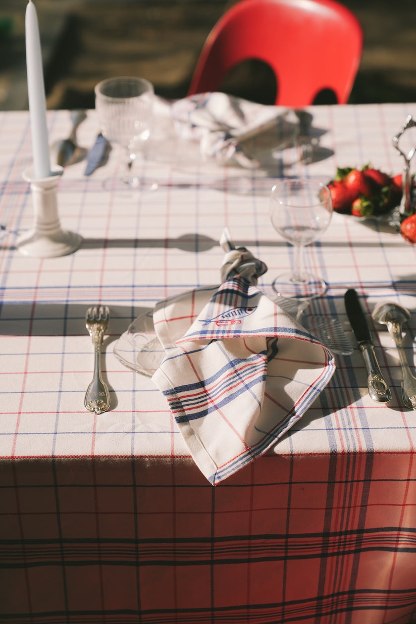 Table setting with a checkered napkin, and cutlery on a matching checkered tablecloth.