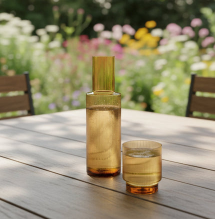 Amber glass carafe and glass on a wooden table in a garden 