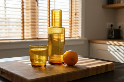 Amber glass bottles and glass with an orange on a bright kitchen
