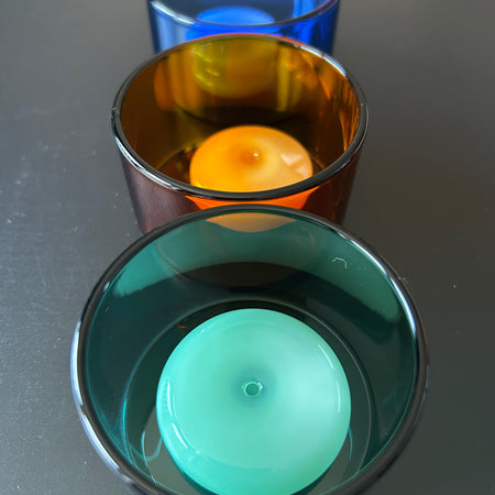 Colourful glass incense holders in Amber, Blue and Green 