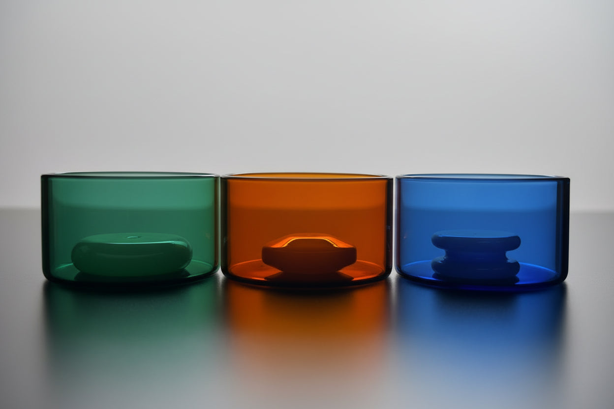 Amber, Blue and Green Glass Incense Holders 