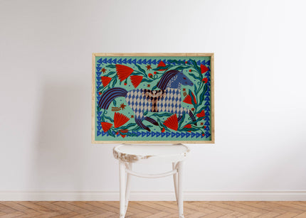 Colourful folksy painting with a horse on a white wall above a white chair.