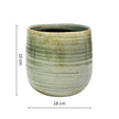 Green ceramic pot with dimensions on a white background