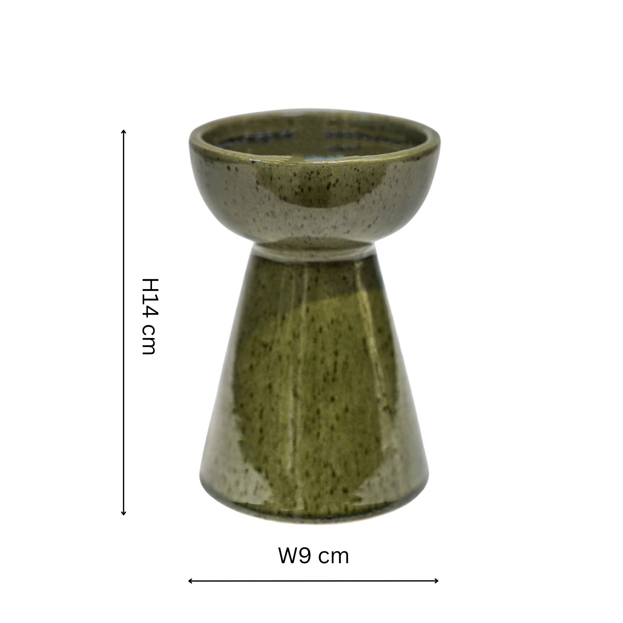 Green ceramic candle holder with dimensions on a white background