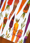 Colorful pattern of carrots with the brand 'Freya Snow' on a white background.