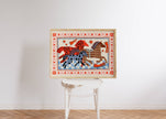 Framed folksy artwork with horses on a white wall