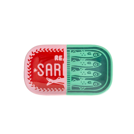 Small rectangular tin with red and green sardine can design on a white background