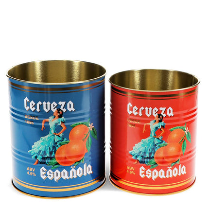 Two 'Cerveza Española' storage cans, one blue and one red, on a white background.