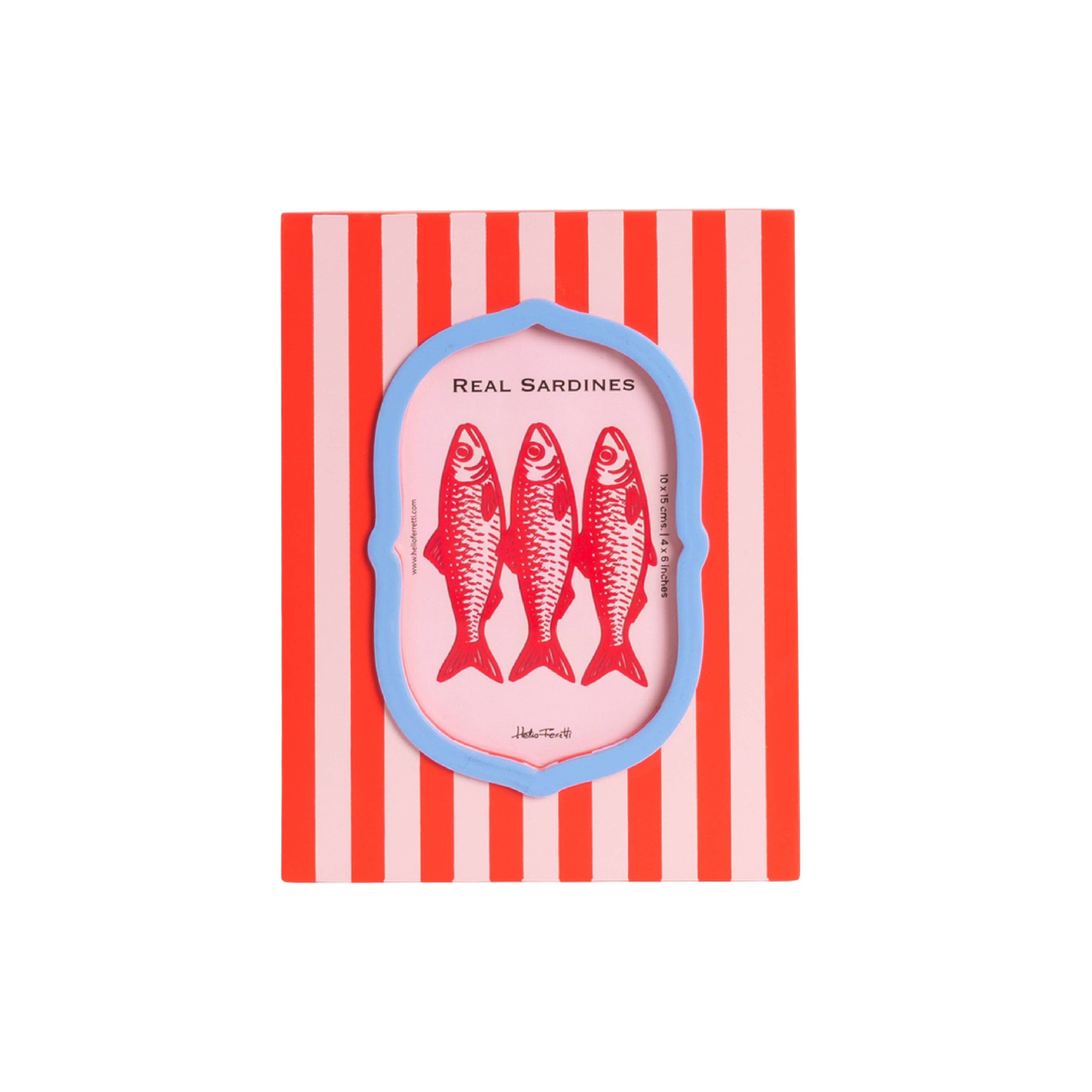 Photo frame with red and pink striped design featuring sardine illustration on a white background