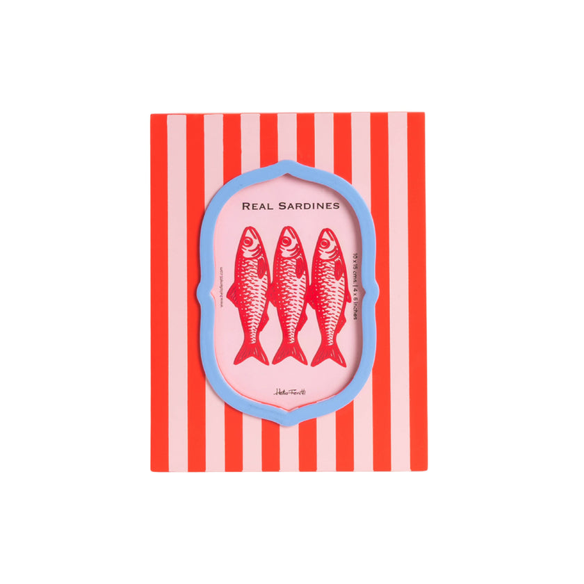 Photo frame with red and pink striped design featuring sardine illustration on a white background