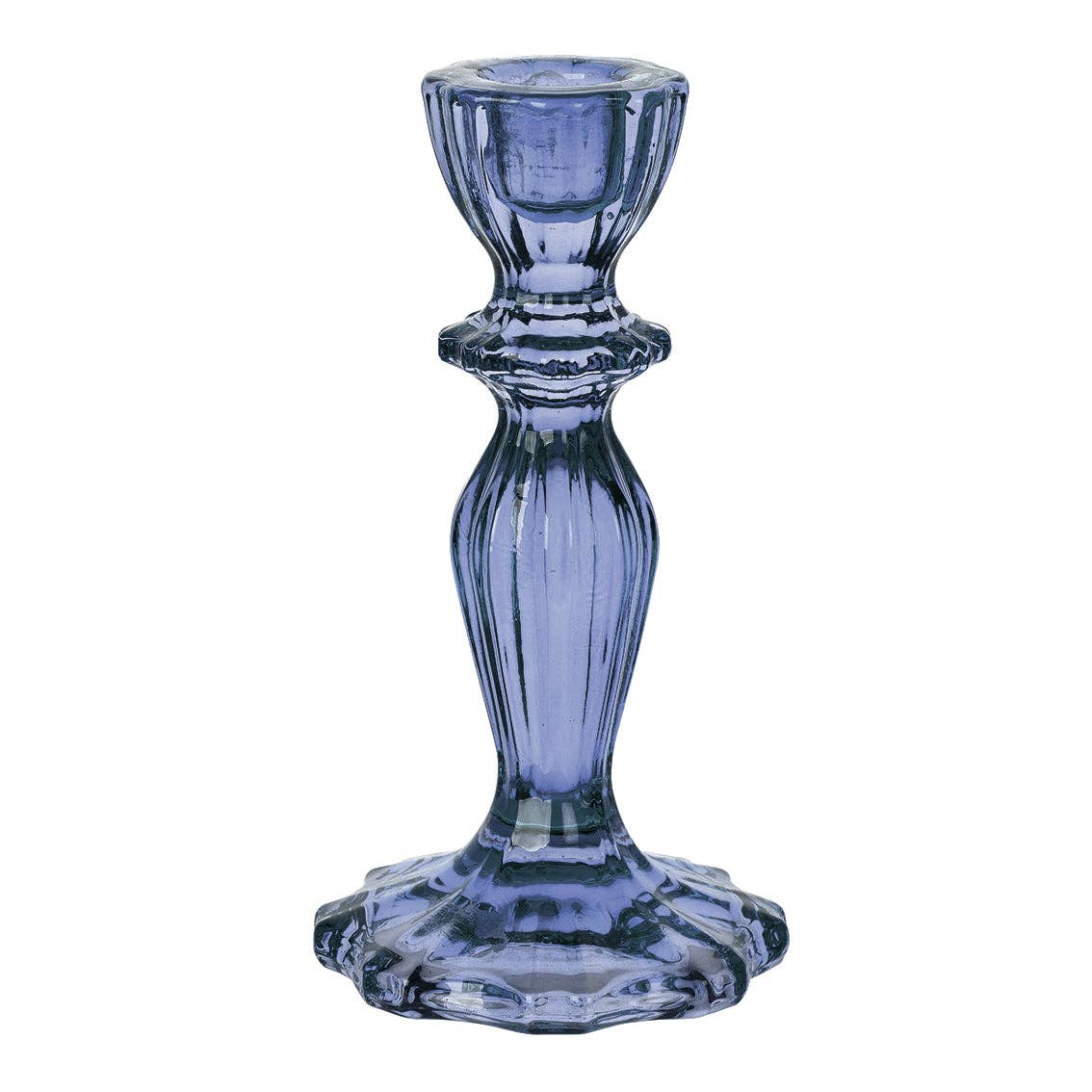 Navy blue glass candle holder on a white background
