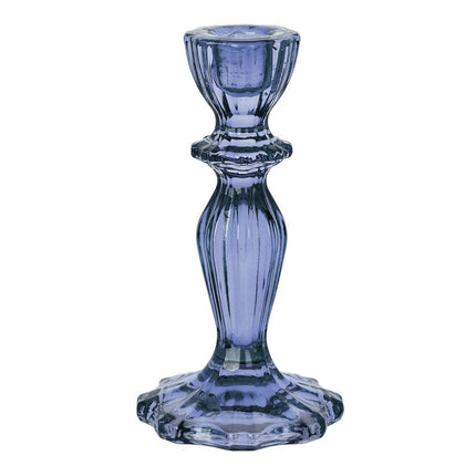 Navy blue glass candle holder on a white background