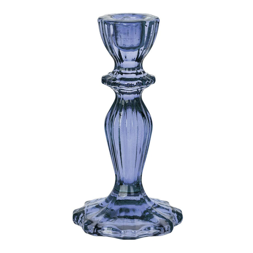 Navy blue glass candle holder on a white background