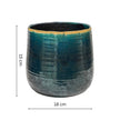 Blue ceramic pot with gold rim and measurements on a white background