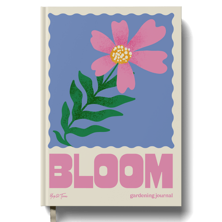 Gardening journal with a pink flower illustration on a blue background