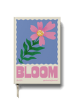 Gardening journal with a pink flower illustration on a blue background