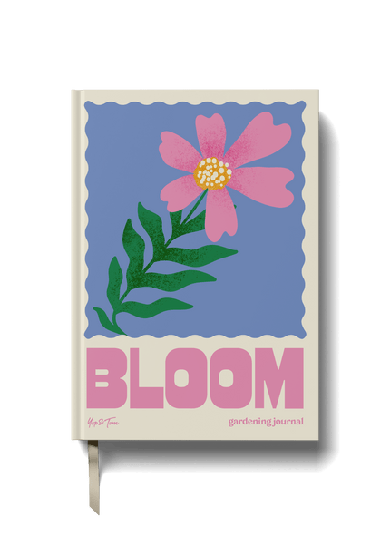 Gardening journal with a pink flower illustration on a blue background