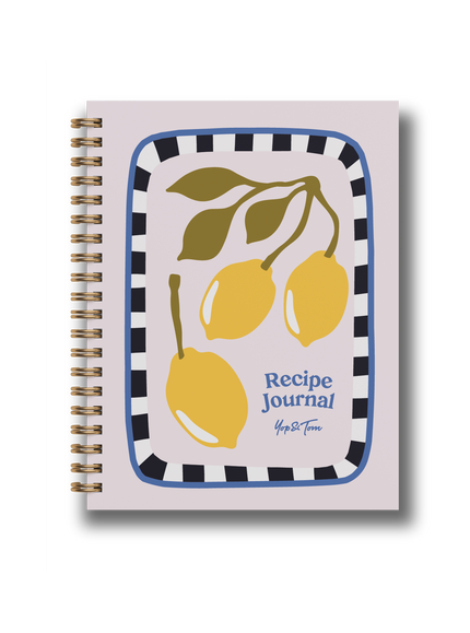 Recipe journal with lemon design on a white background