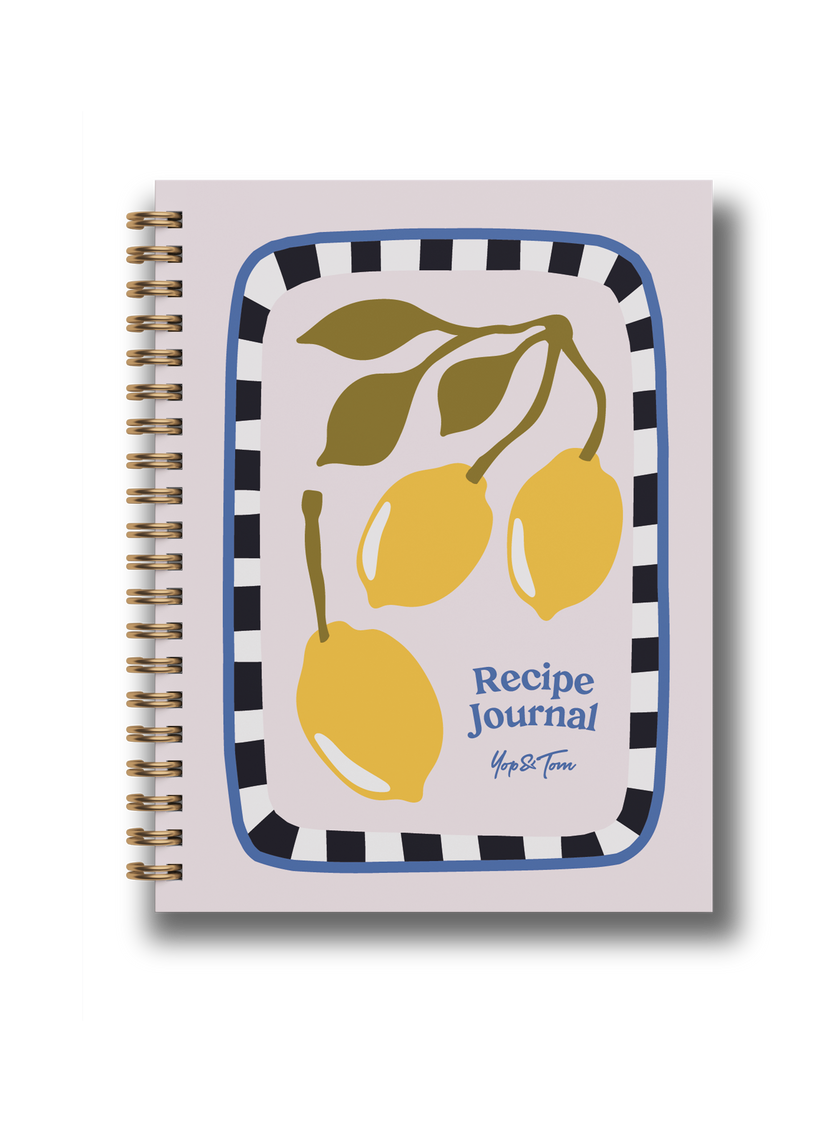Recipe journal with lemon design on a white background