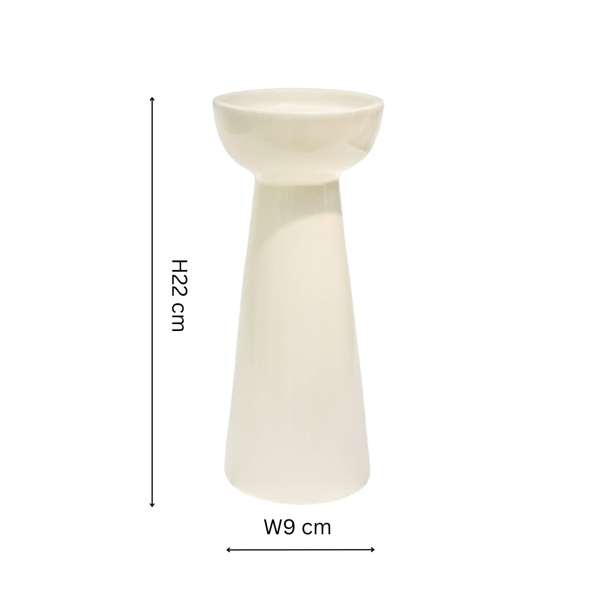 White ceramic candle holder with dimensions on a white background