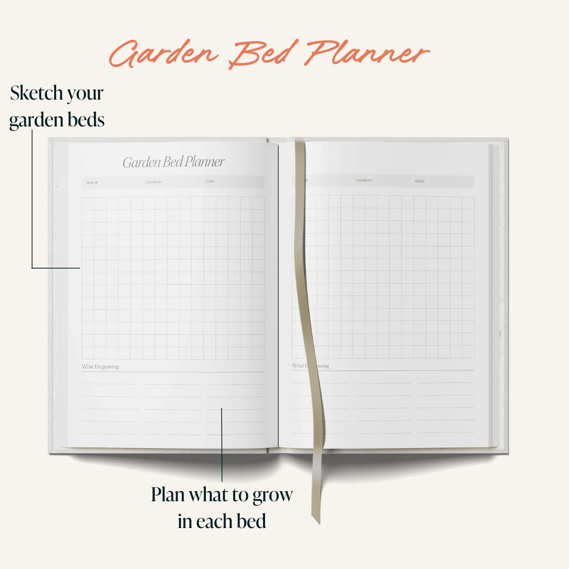Garden Bed Planner book with grid pages on a white background