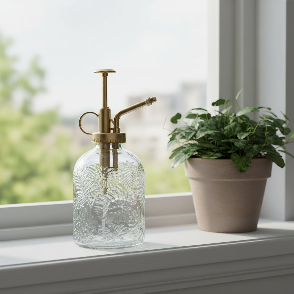 Clear glass plant mister with brass nozzle on a white background