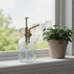Clear glass plant mister with brass nozzle on a white background